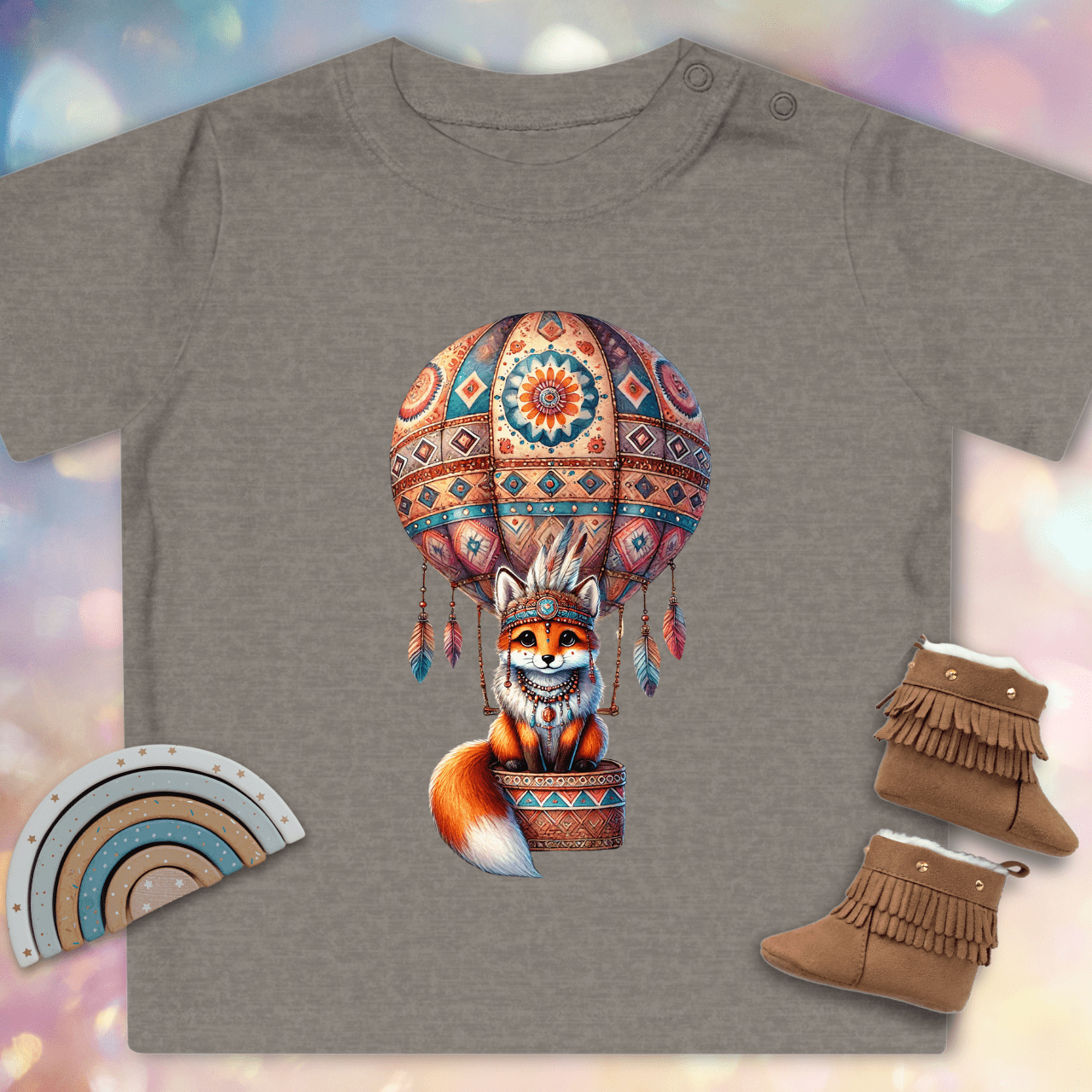 Cute Fox in Hot Air Balloon - Organic Baby T-Shirt