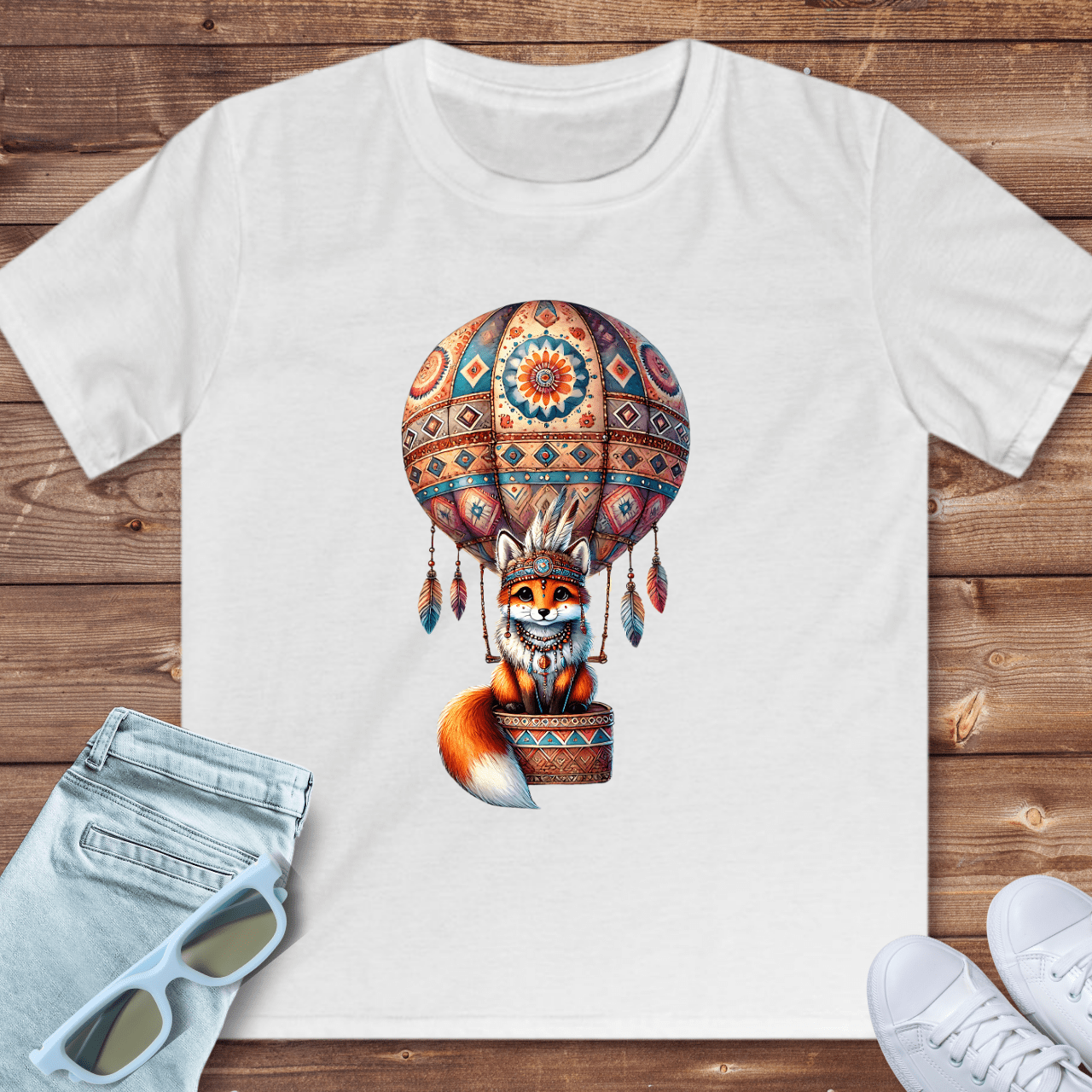 Cute Fox in Hot Air Balloon - Kids T-Shirt